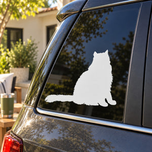 Persian sitting cat decal, white cat silhouette on a dark window