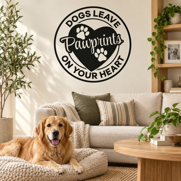 Dog pawprint heart wall decal with circular lettering and paw graphics