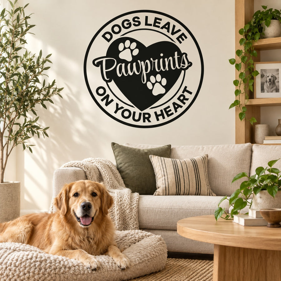 Dog pawprint heart wall decal with circular lettering and paw graphics