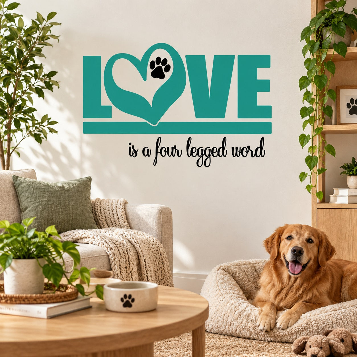 Teal LOVE word wall decal with paw-heart and text 'is a four legged word'