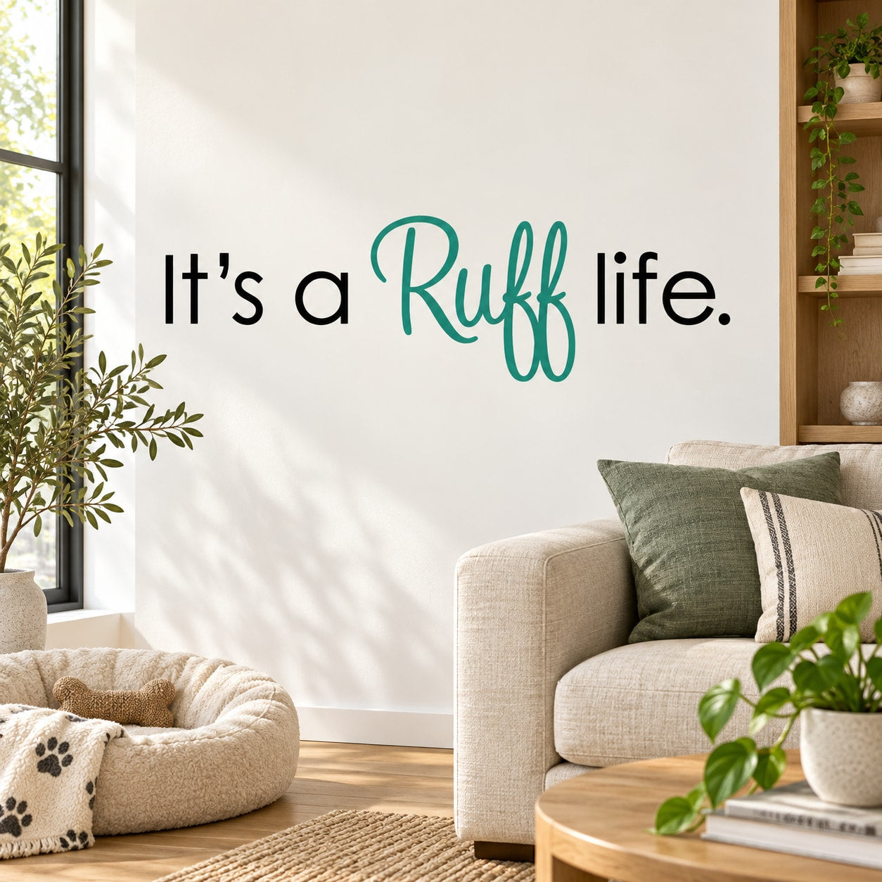 Dog wall decal reading 'It's a Ruff life.' teal cursive lettering