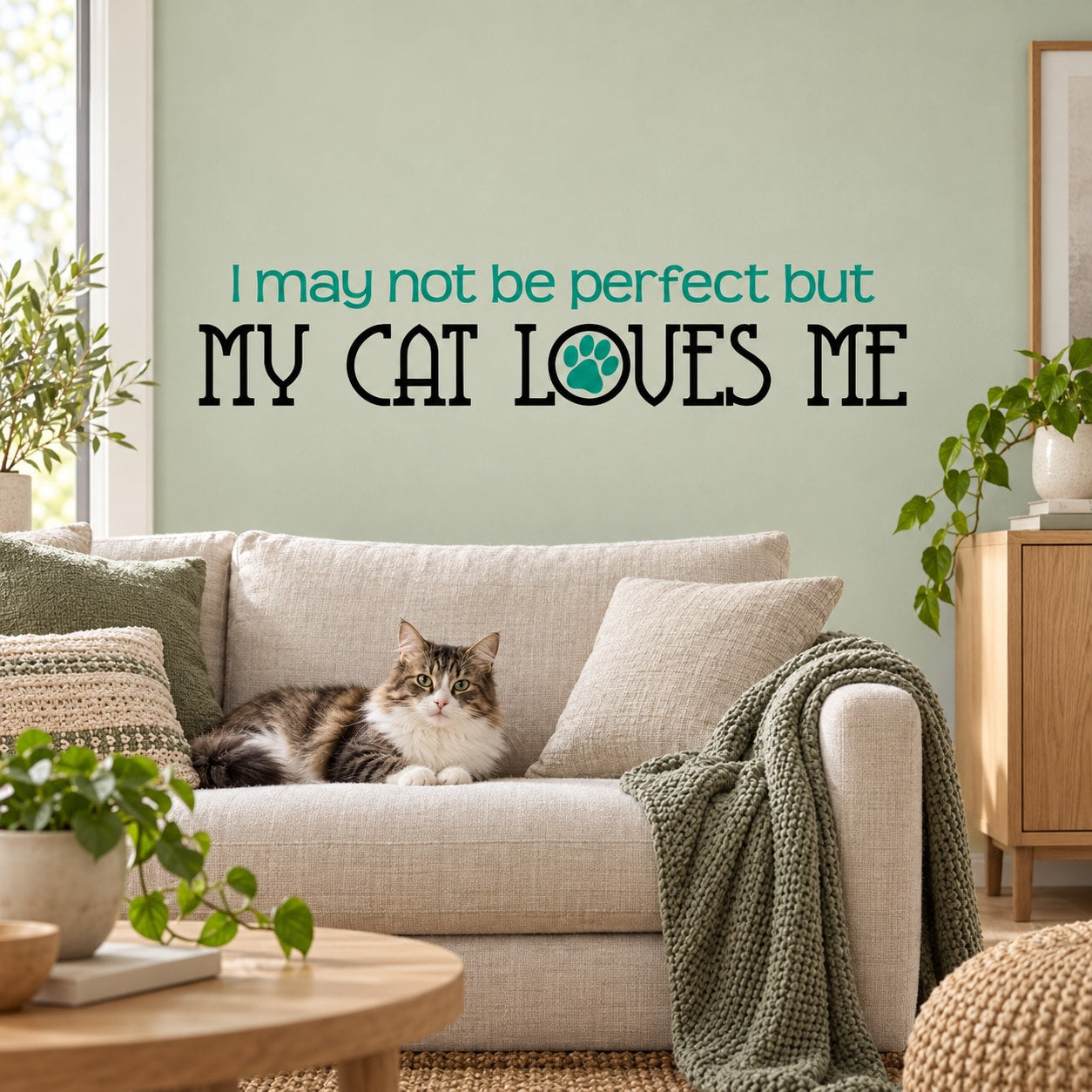Cat-themed wall decal with text "My cat loves me" and paw print heart