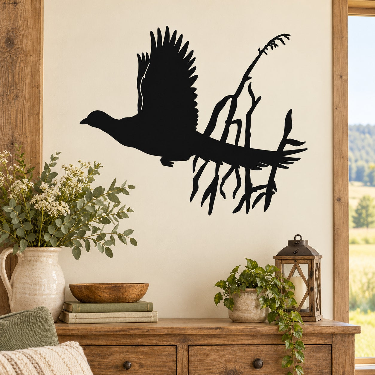 Fleeing pheasant wall decal with black silhouette and tail feathers