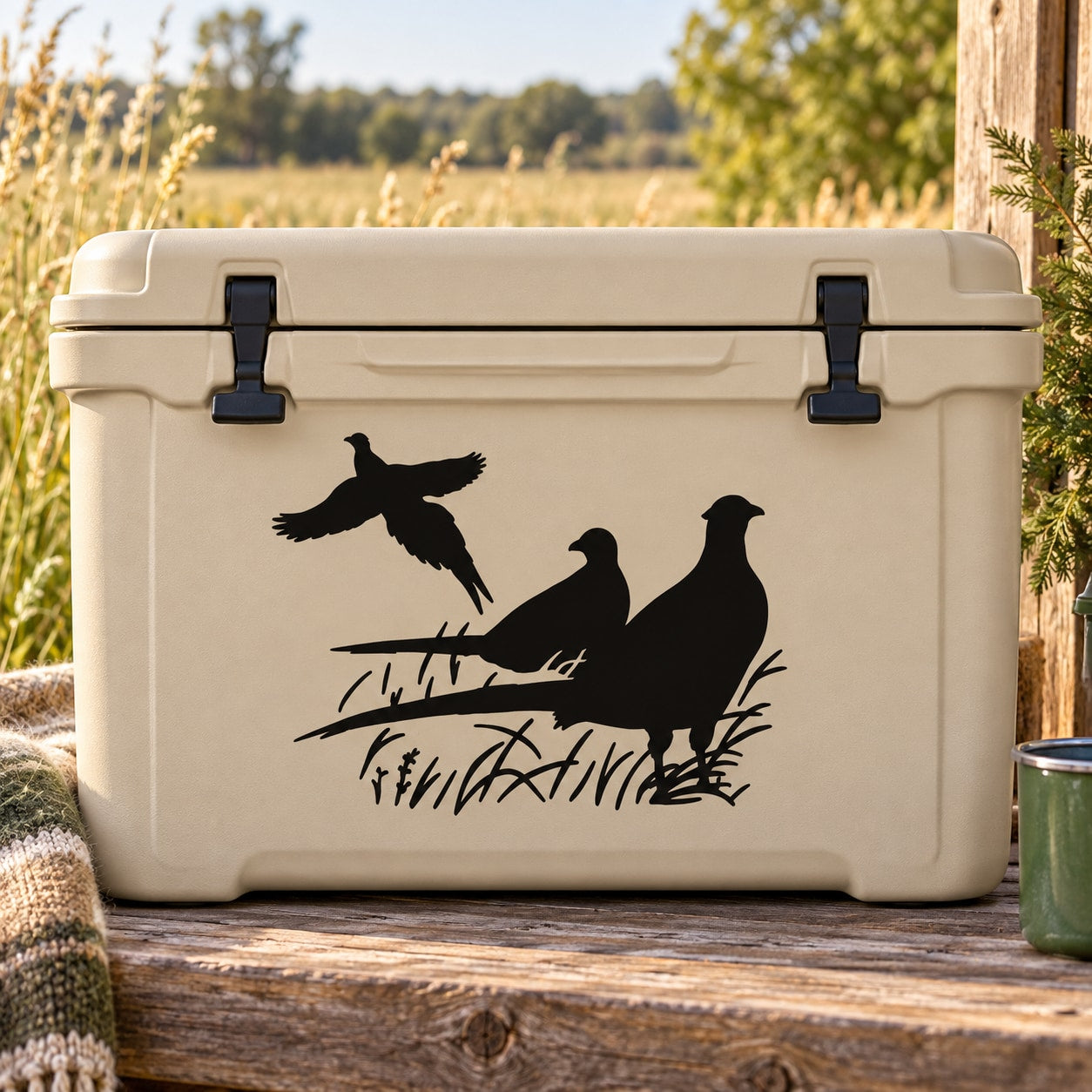 Pheasant group decal: three dark pheasant silhouettes over grass on a light cooler