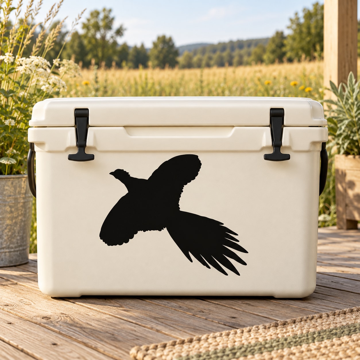 Black pheasant soaring decal on a white cooler lid