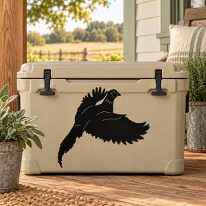 Fluttering pheasant decal: black flying bird on light beige cooler