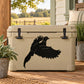Fluttering pheasant decal: black flying bird on light beige cooler