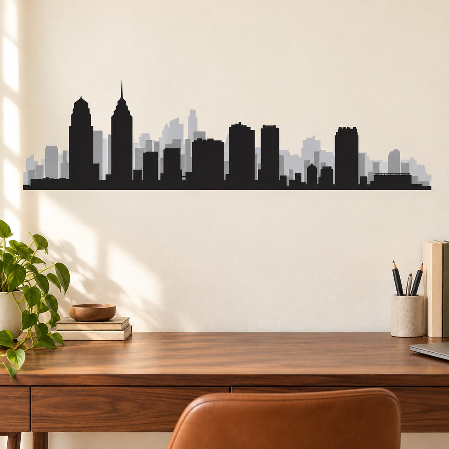 Philadelphia Pennsylvania Skyline Vinyl Decal — illustrative vinyl decal application mockup. Surrounding objects are not included.