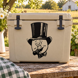 Beige hard cooler with cartoon pig in top hat and cigarette decal