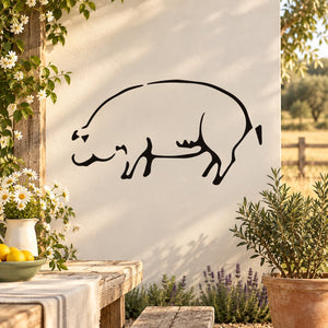 Grazing pig wall decal, black line art on light background