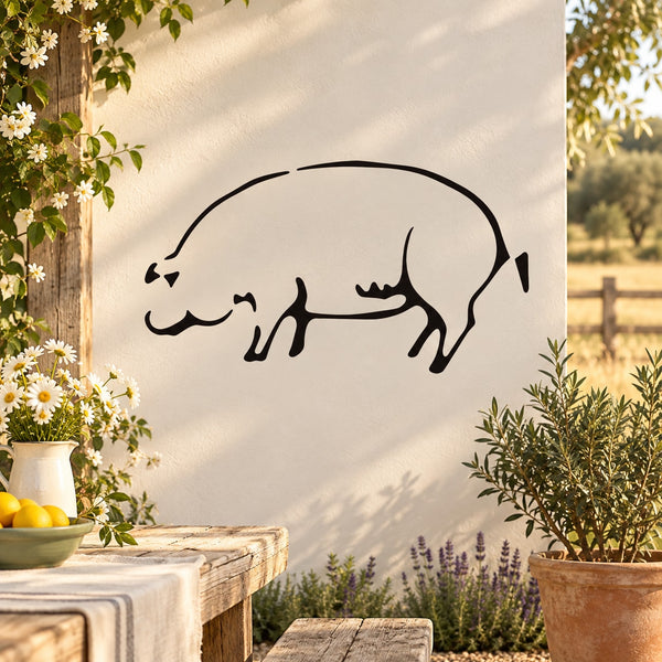 Grazing pig wall decal, black line art on light background