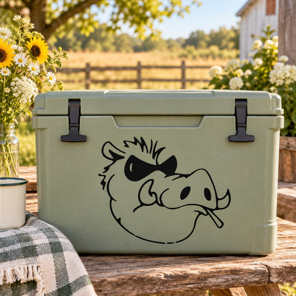 Warthog decal on light green cooler with two black latch handles