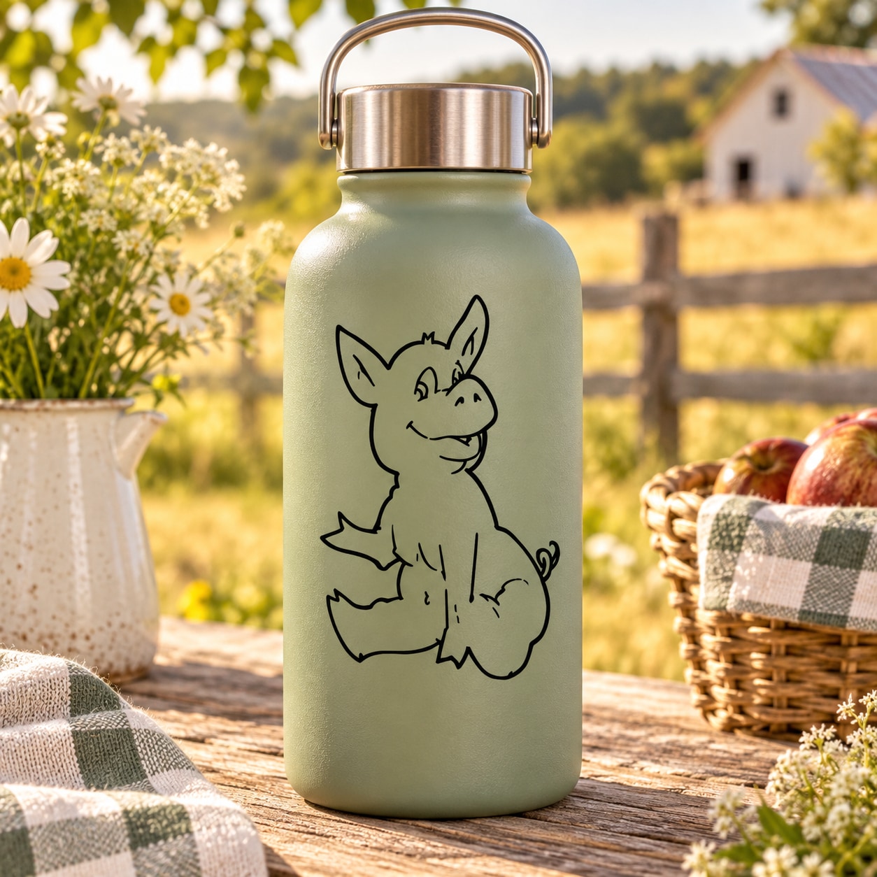 Light green bottle with sitting cartoon pig decal, matte finish and carry handle