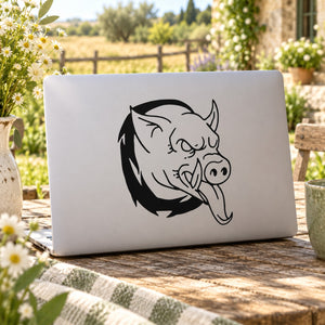 Black and white demon warthog head decal with horned face illustration