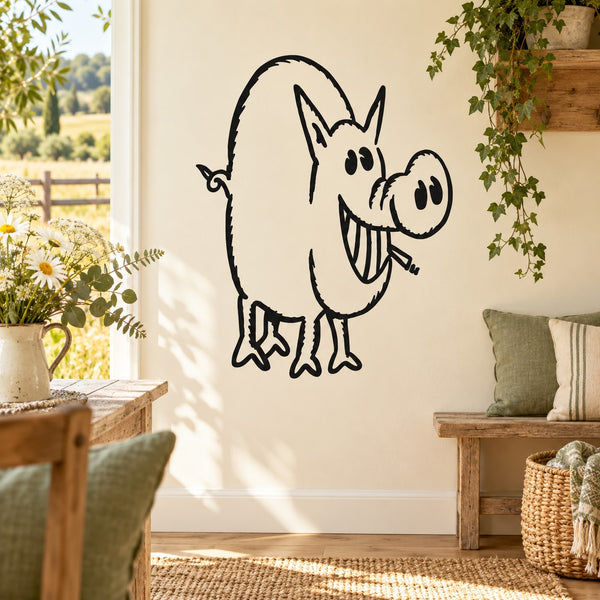 Kids smiling pig wall decal, black outline cartoon pig standing and waving