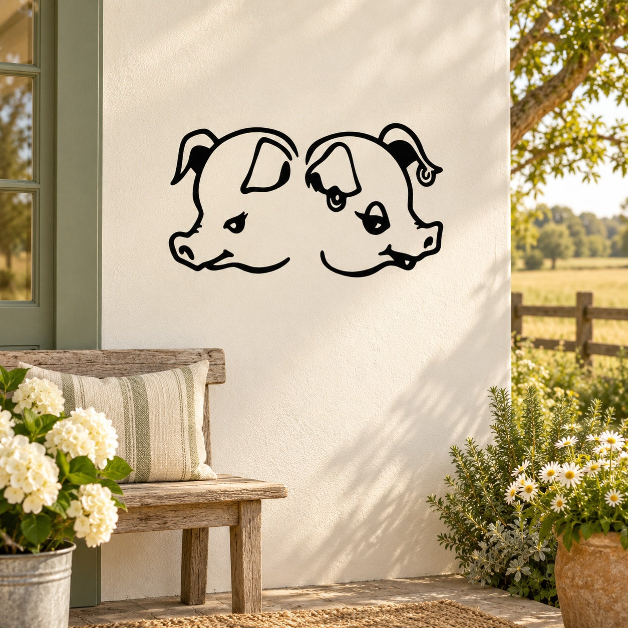Pig heads decal with two cartoon boy and girl pig faces, black outline on white