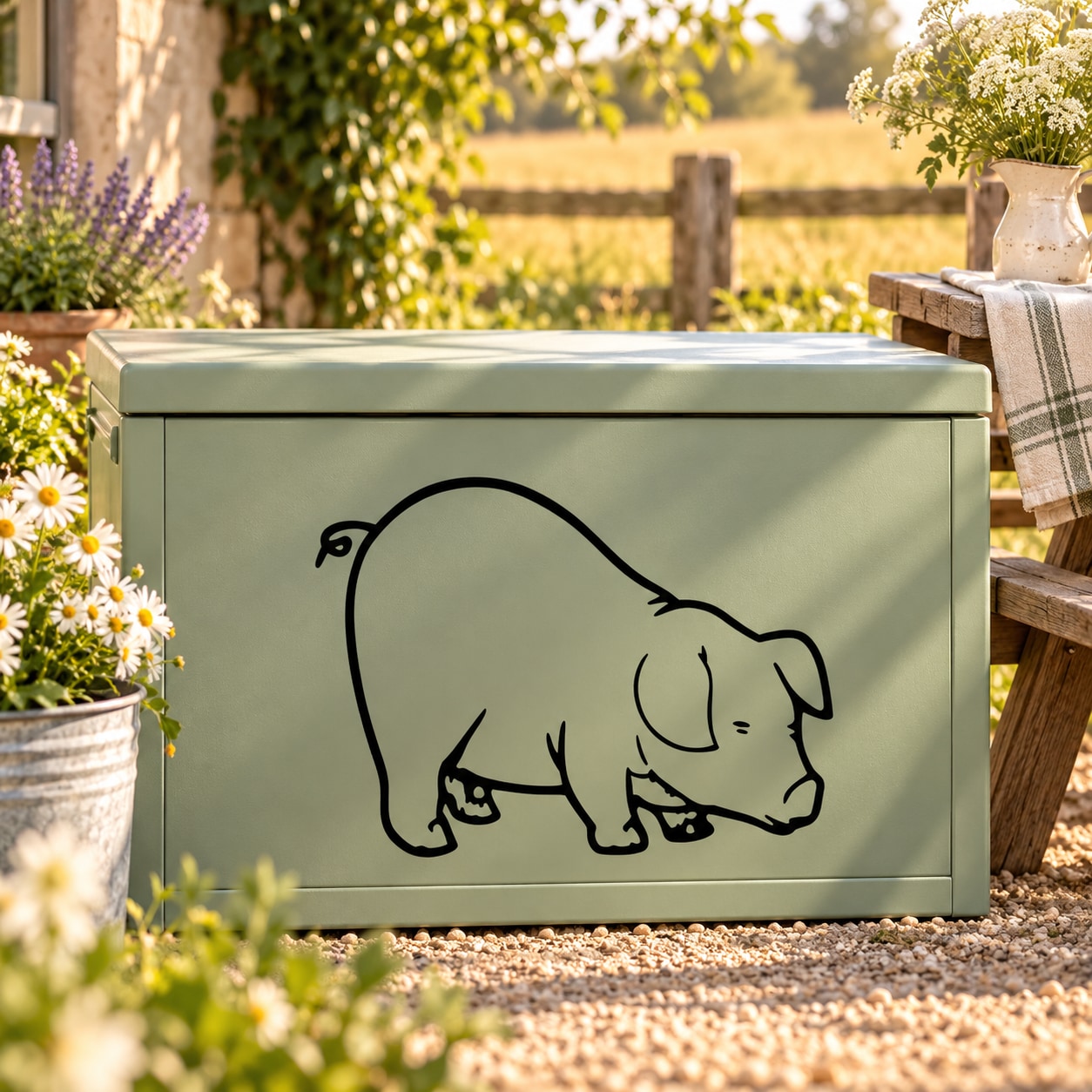Pig sniffing decal sticker with black outline pig on a rectangular box