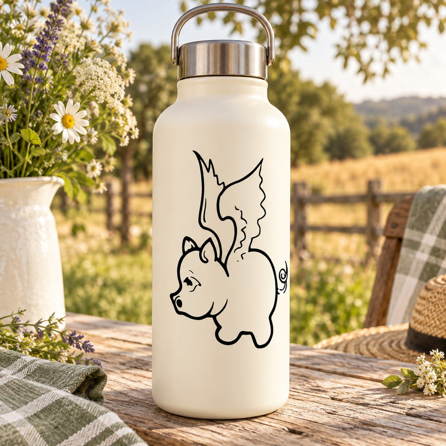 Flying pig outline decal on cream water bottle