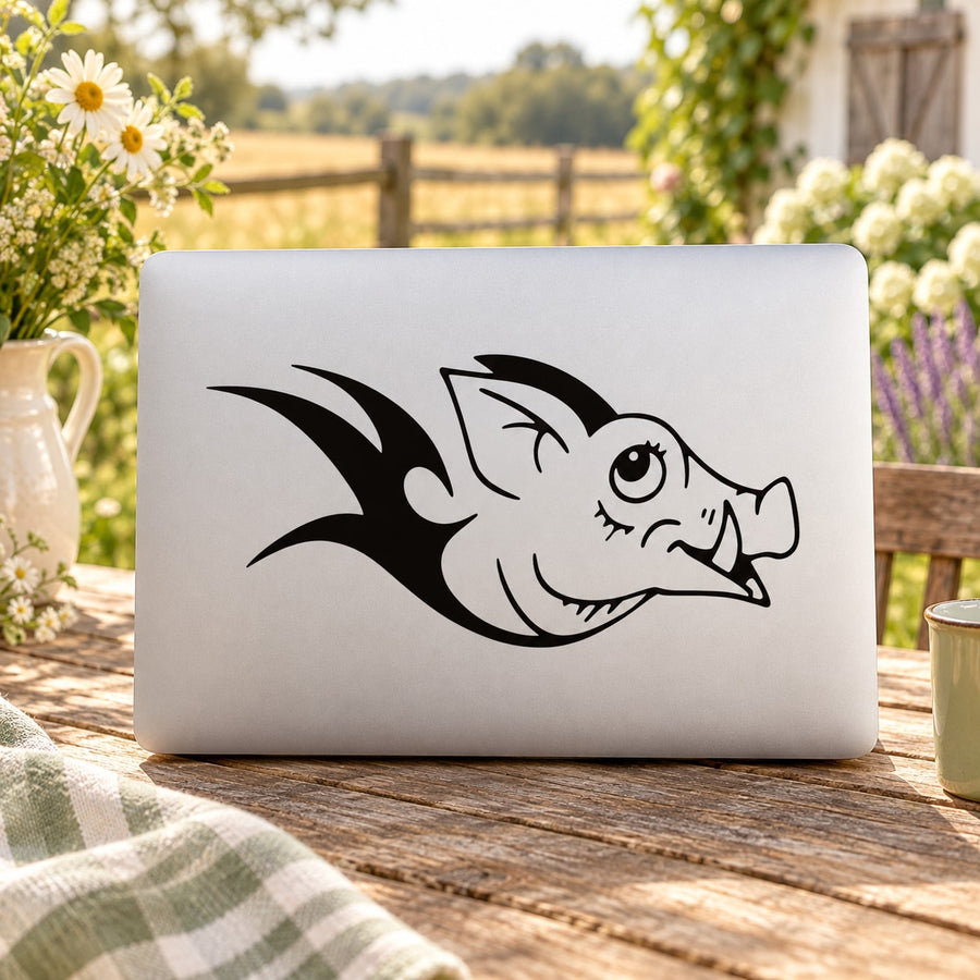 Warthog with bat wings decal, black line-art on a white background