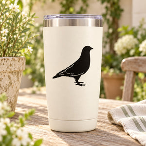 White tumbler with black pigeon decal silhouette