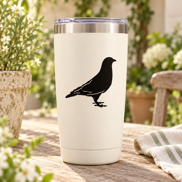 White tumbler with black pigeon decal silhouette