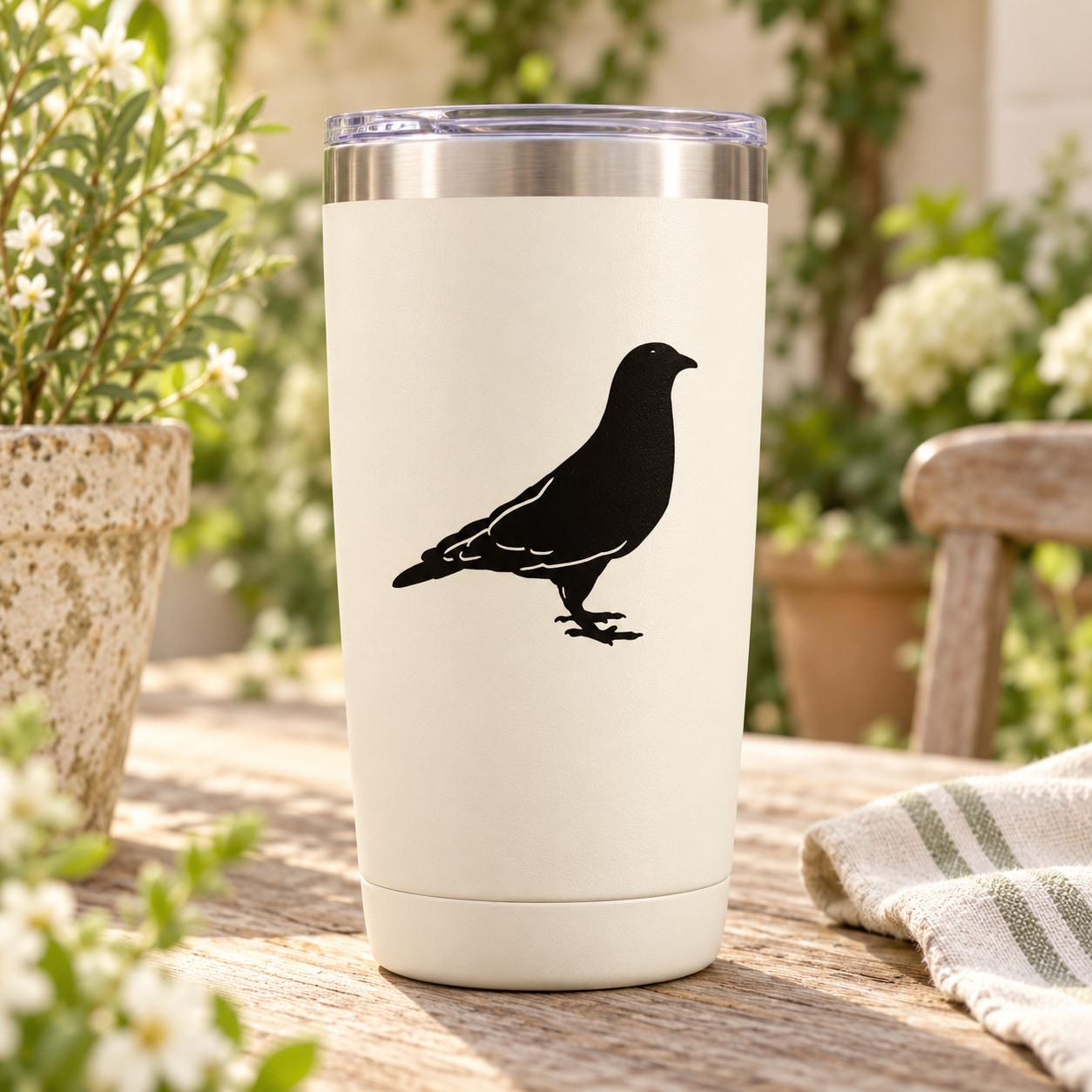 White tumbler with black pigeon decal silhouette