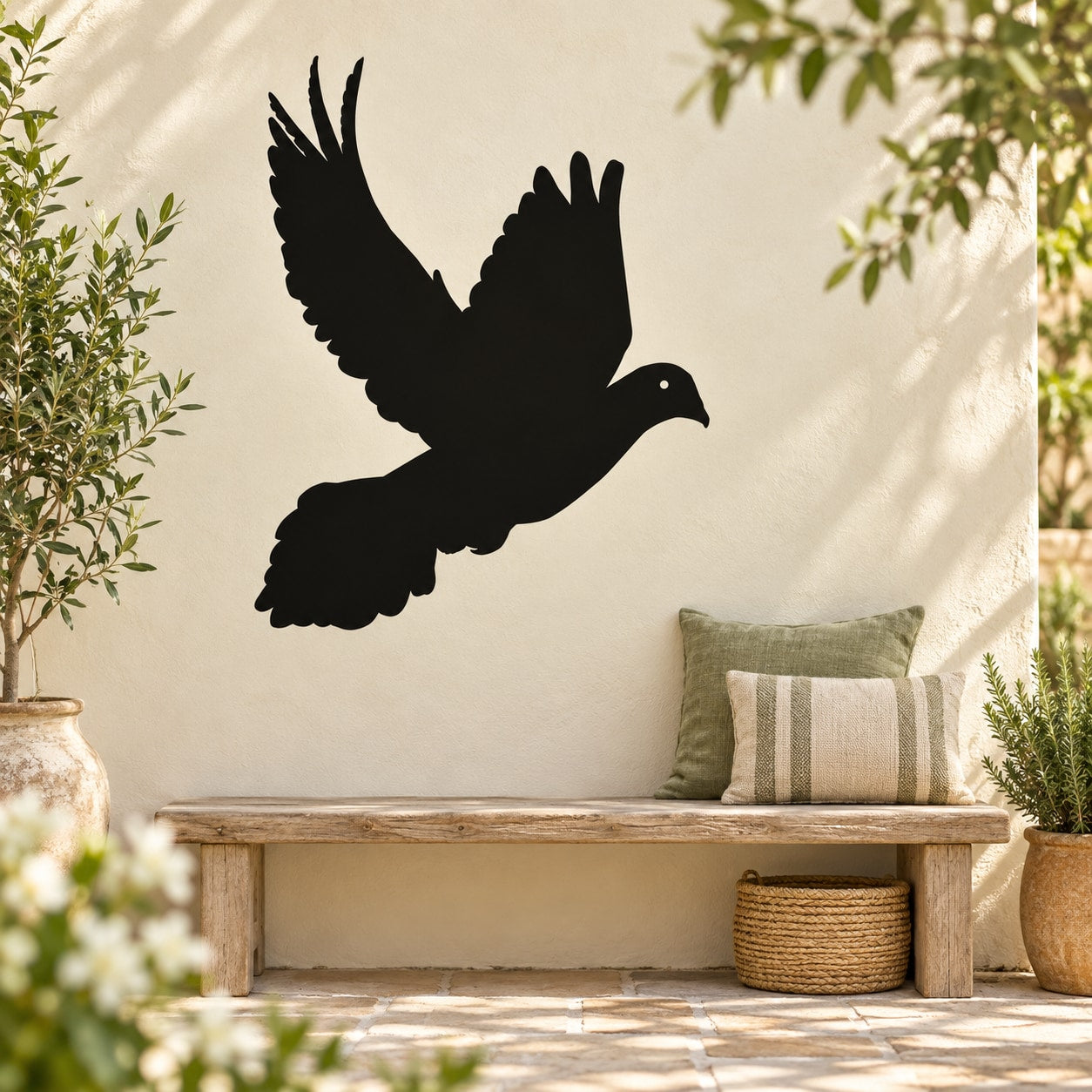 Flying pigeon wall decal, black bird silhouette with wings spread