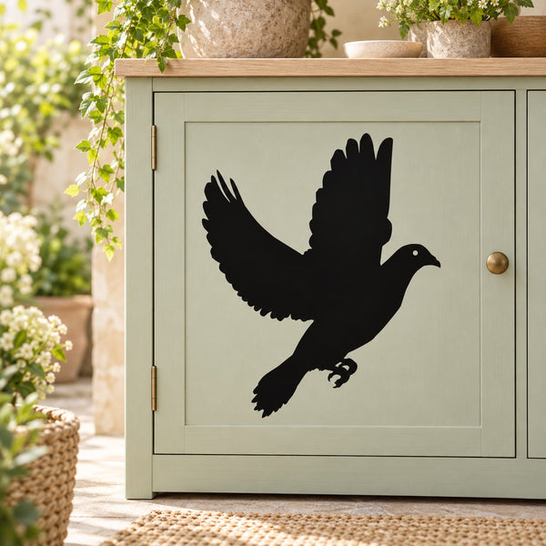 Flapping pigeon wall decal with black silhouette, bird wings spread