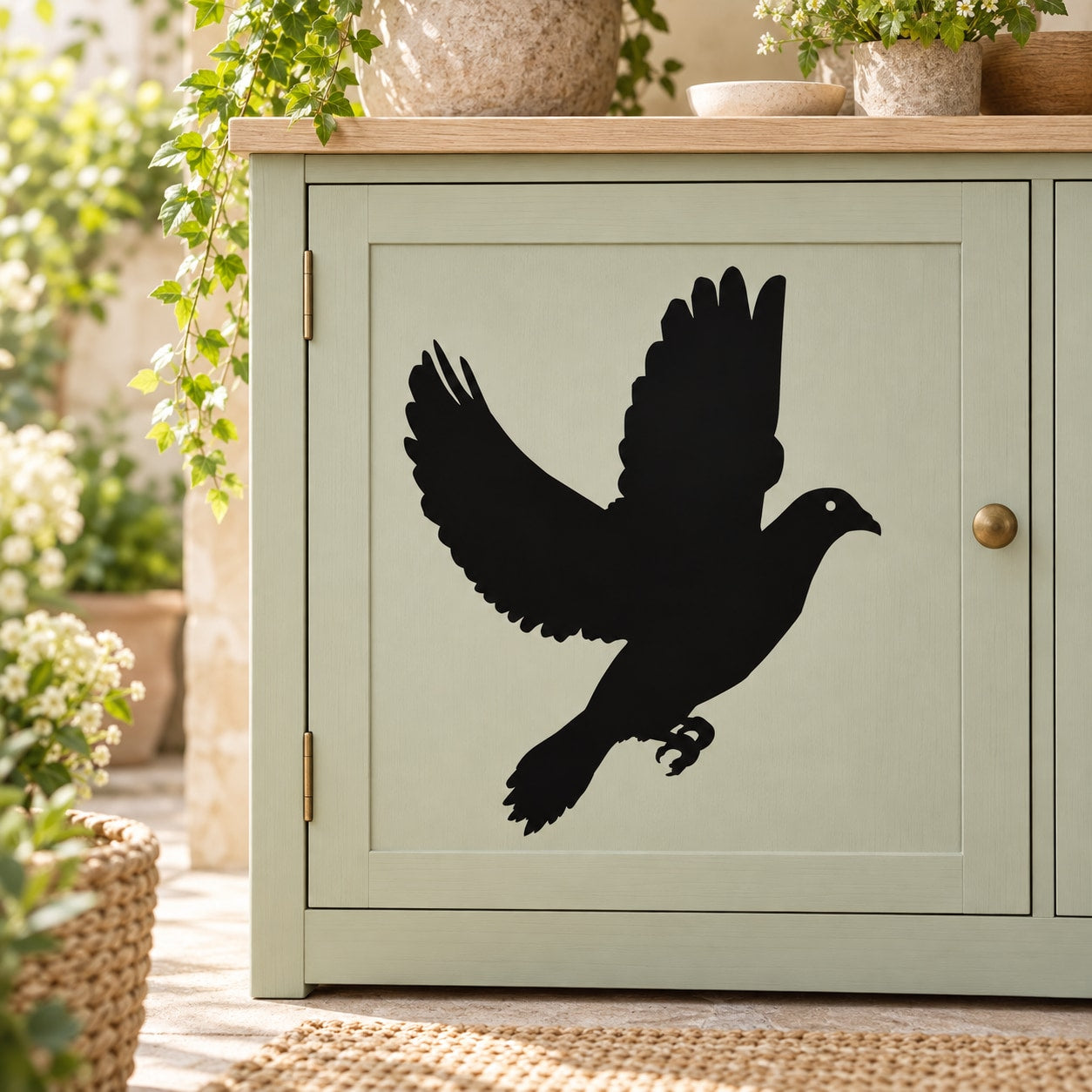 Flapping pigeon wall decal with black silhouette, bird wings spread