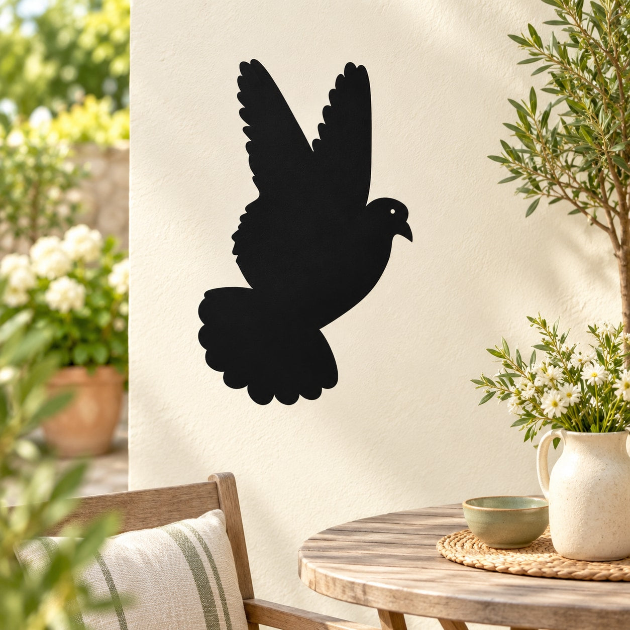 Black pigeon silhouette wall decal, hovering bird shape