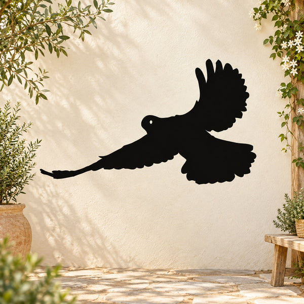 Black pigeon silhouette decal with wings spread, bird scouting pose