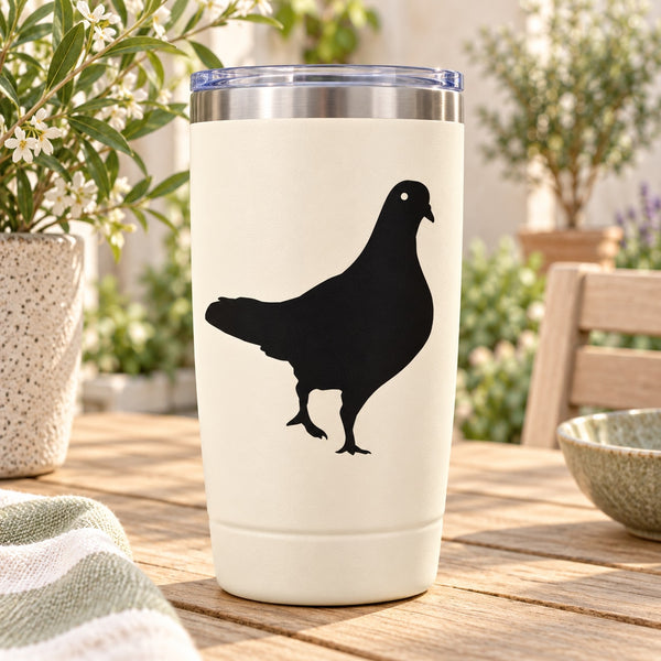 White tumbler with black walking pigeon decal and silver flip-top lid