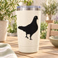 White tumbler with black walking pigeon decal and silver flip-top lid