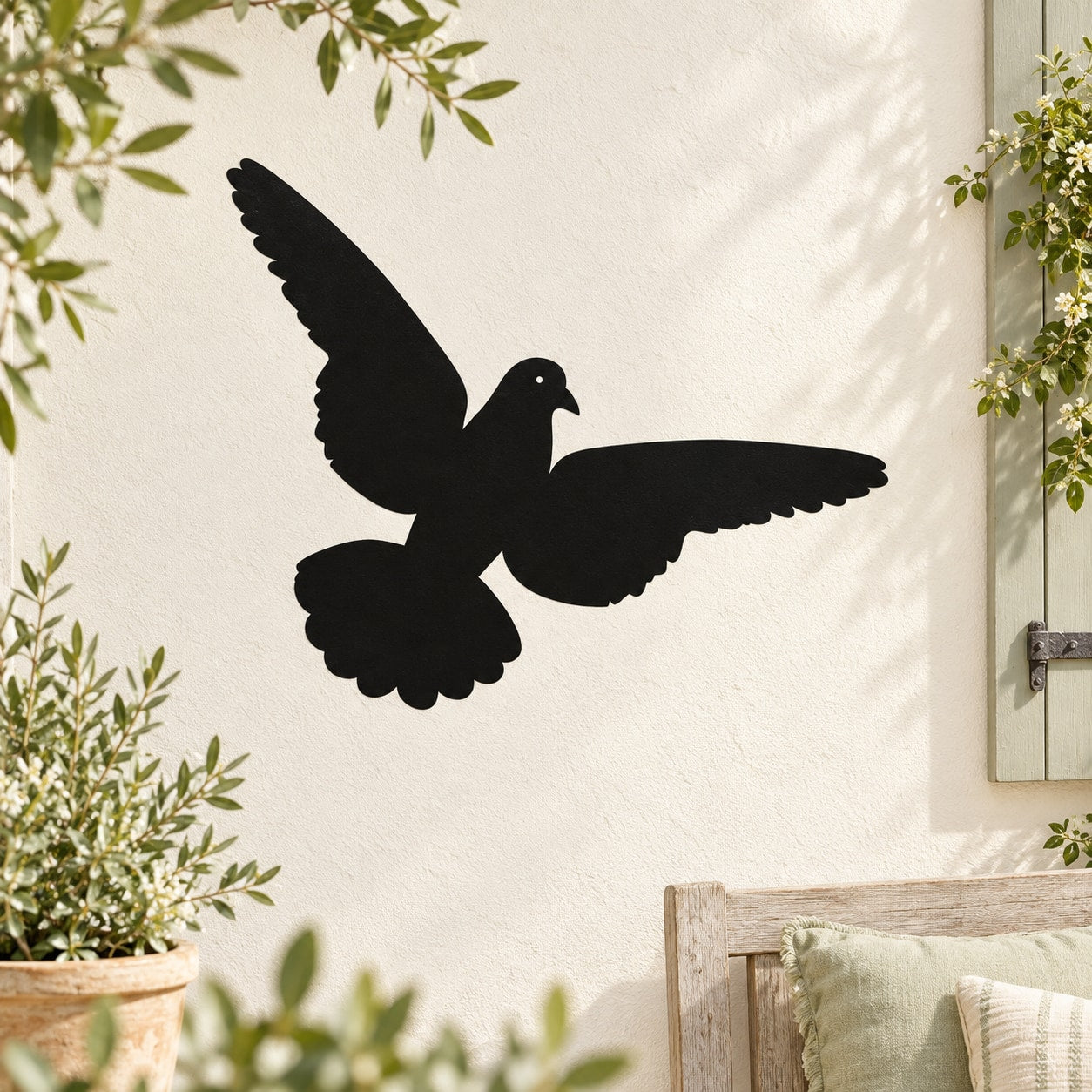 Fleeing pigeon wall decal, black bird silhouette with wings spread