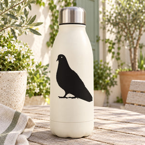 Black standing pigeon decal on white insulated bottle