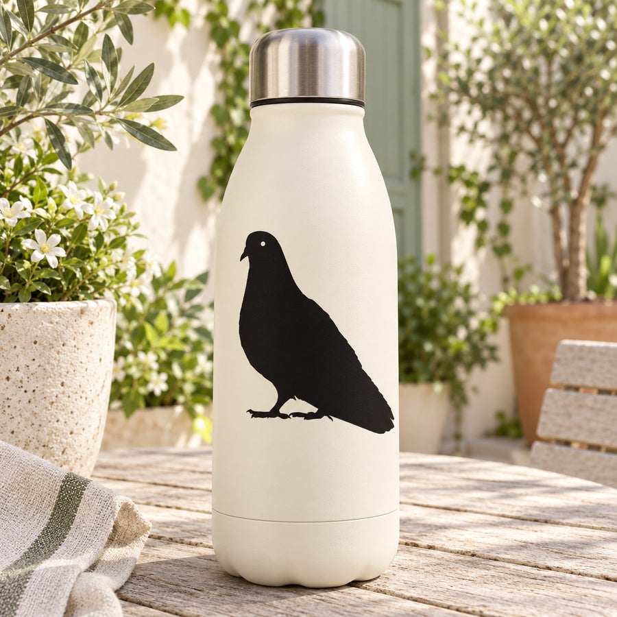 Black standing pigeon decal on white insulated bottle