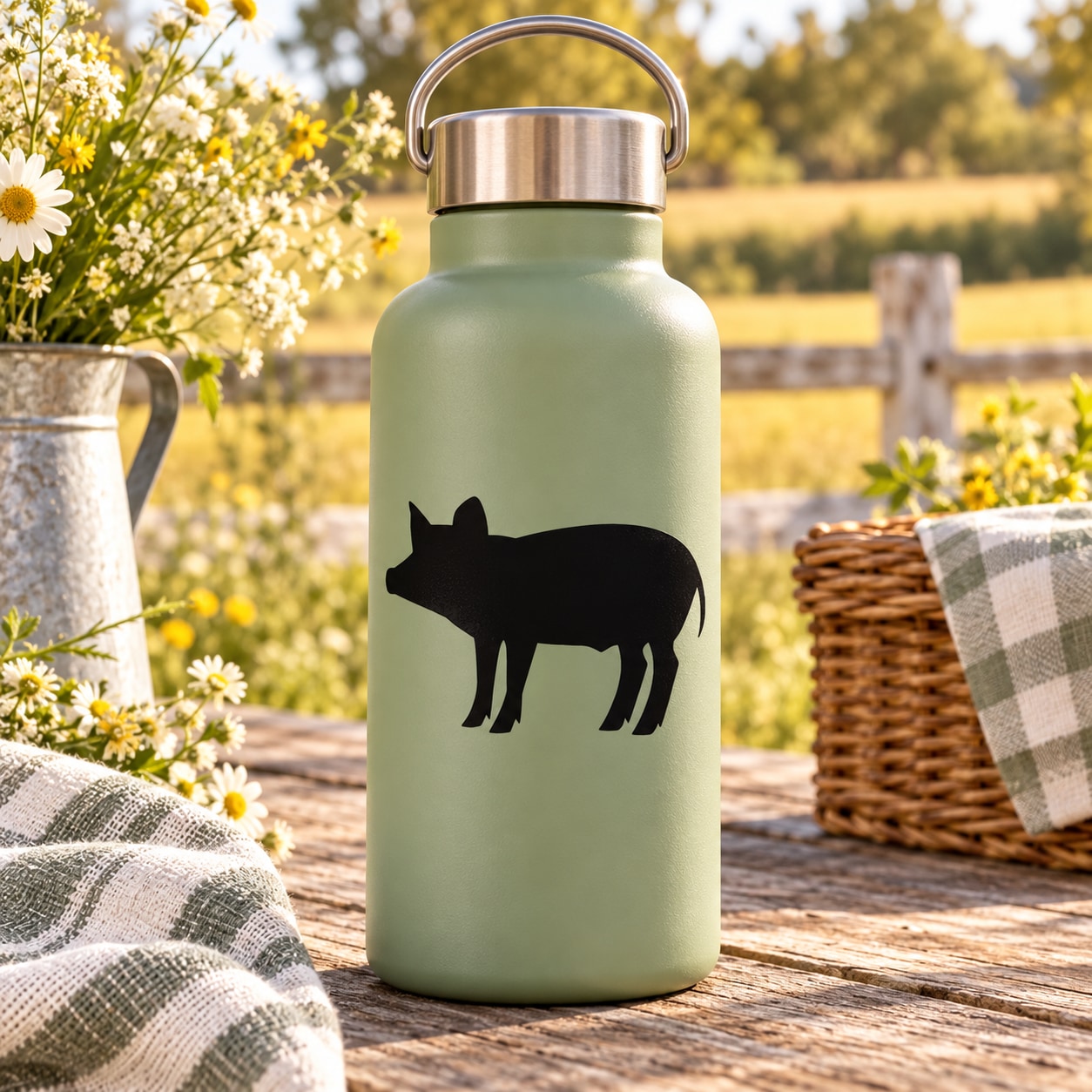 Standing pig decal silhouette on light green bottle
