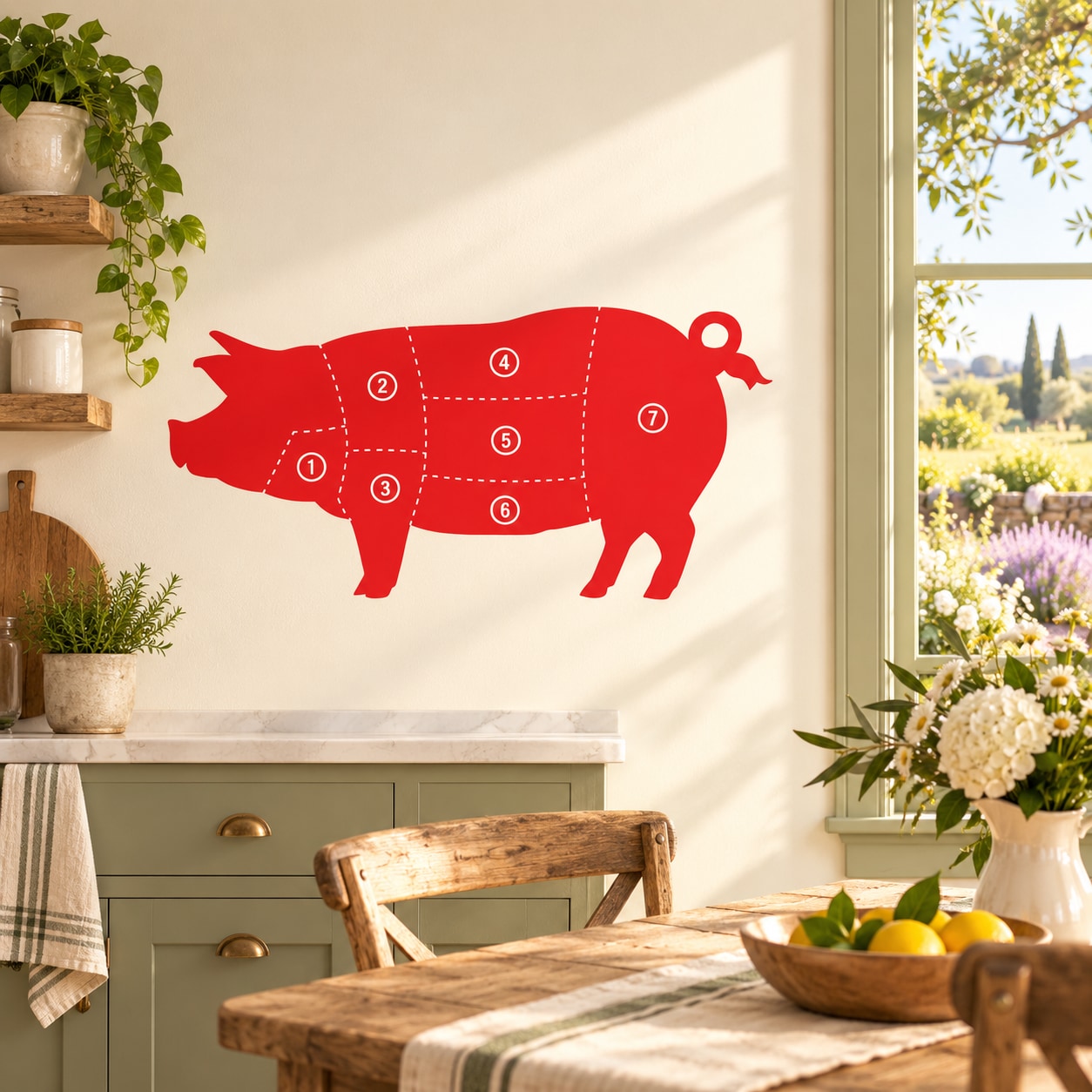 Red pig anatomy chart wall sticker with numbered parts and outline.