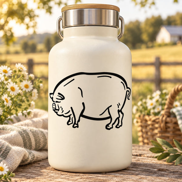 Pig standing decal graphic on cream bottle-style label