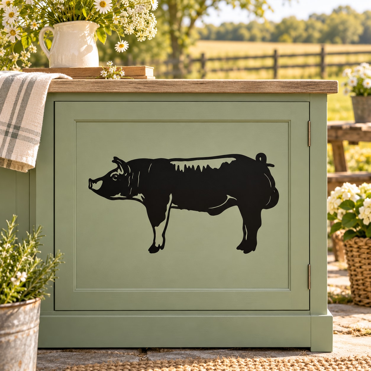 Pig standing wall decal, black silhouette on a framed panel