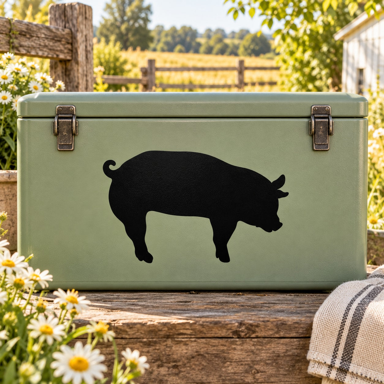 Black hunched standing pig decal silhouette on light green surface
