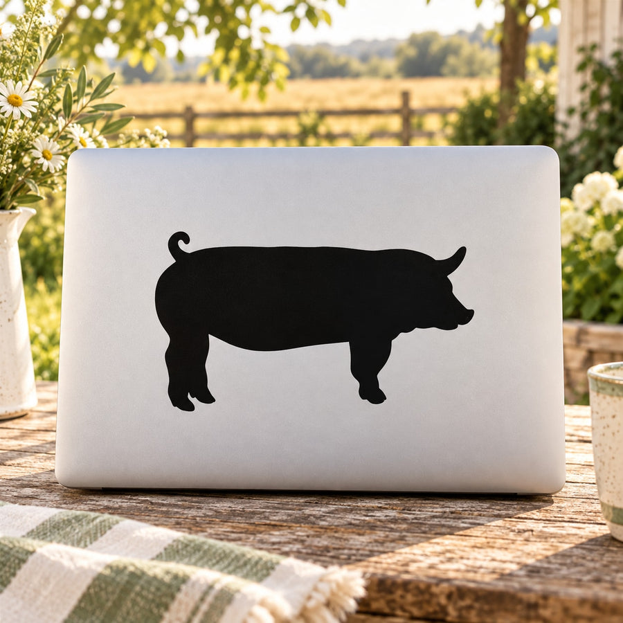 Curly tail pig decal, black pig silhouette on a light rectangular background