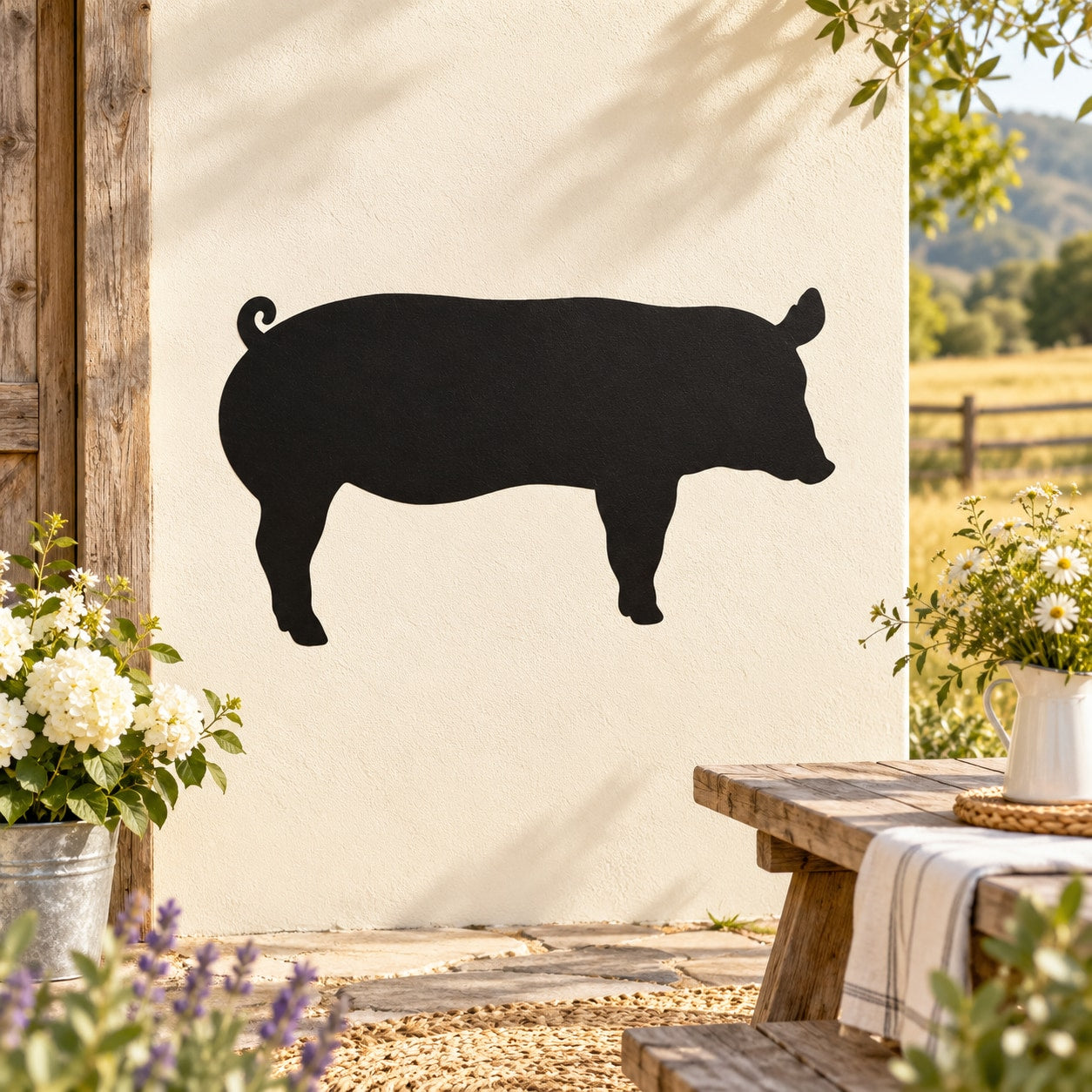 Standing pig decal with curled tail, black silhouette