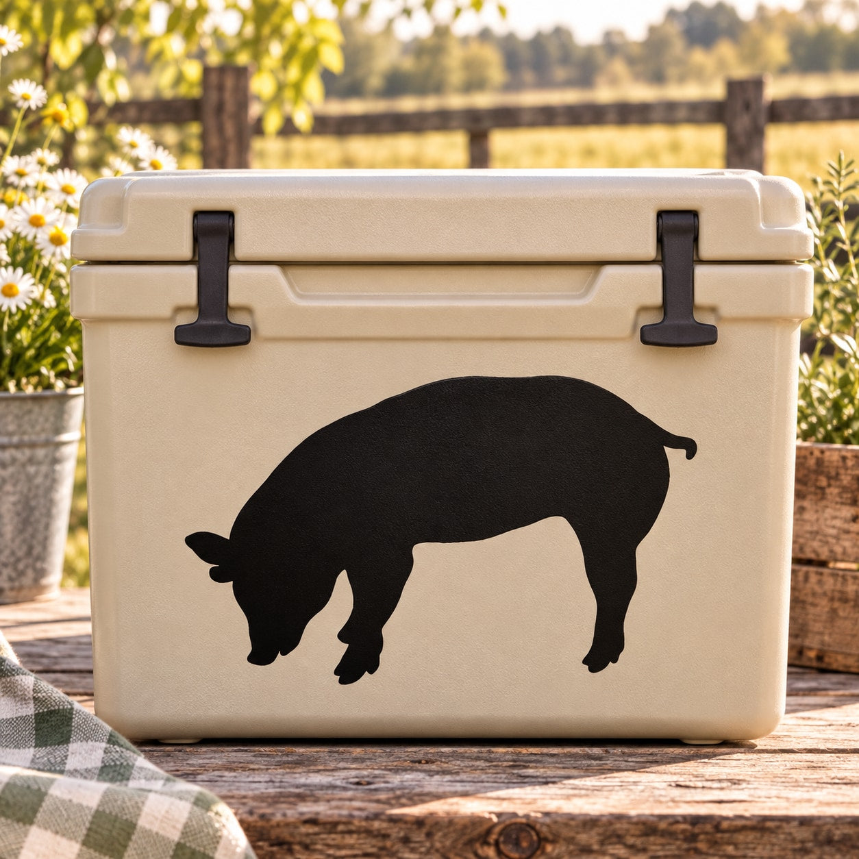 Pig silhouette decal in black eating pose