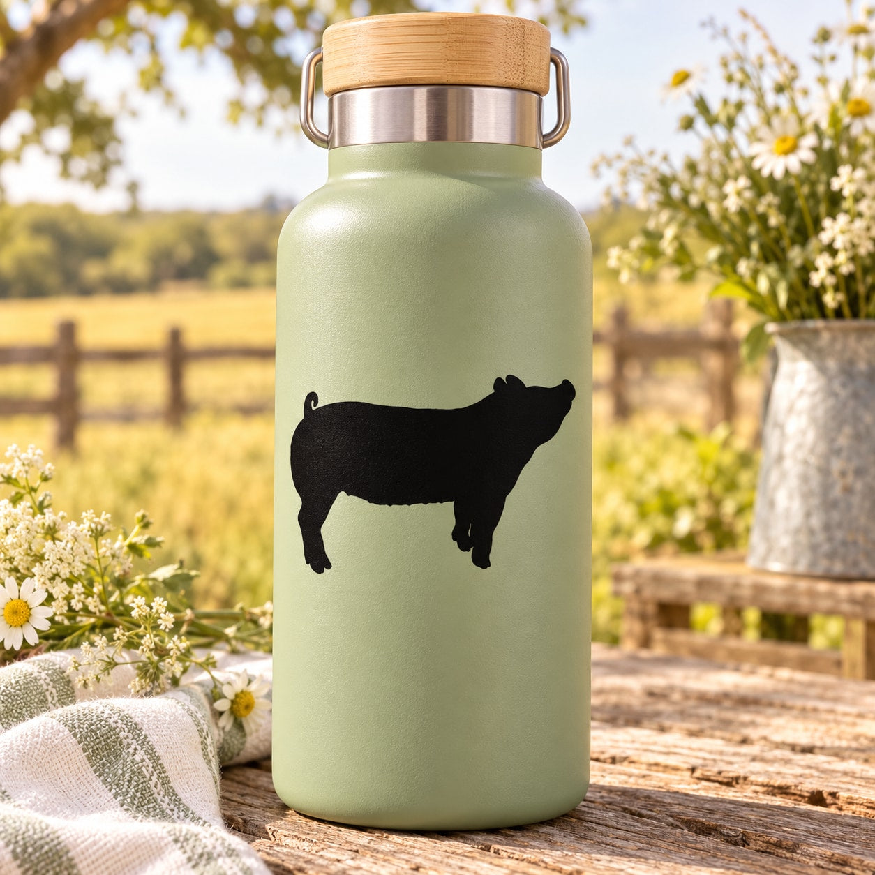 Black pig silhouette decal on light green bottle