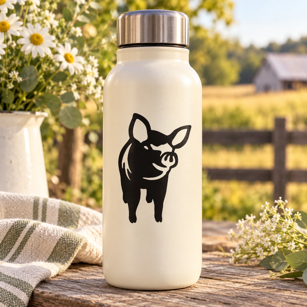 White bottle with black pig decal, metal lid
