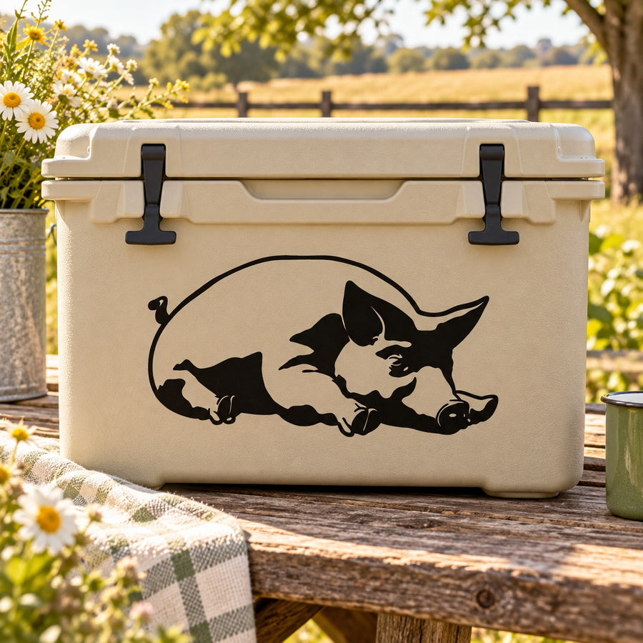 Sleeping pig decal: black sleeping pig silhouette on a beige surface