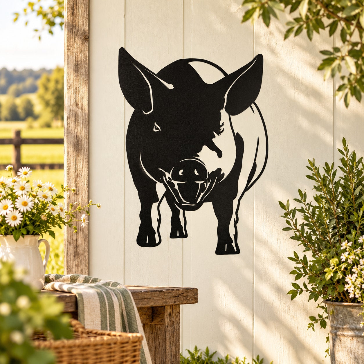 Black pig silhouette wall decal with curly tail and open snout