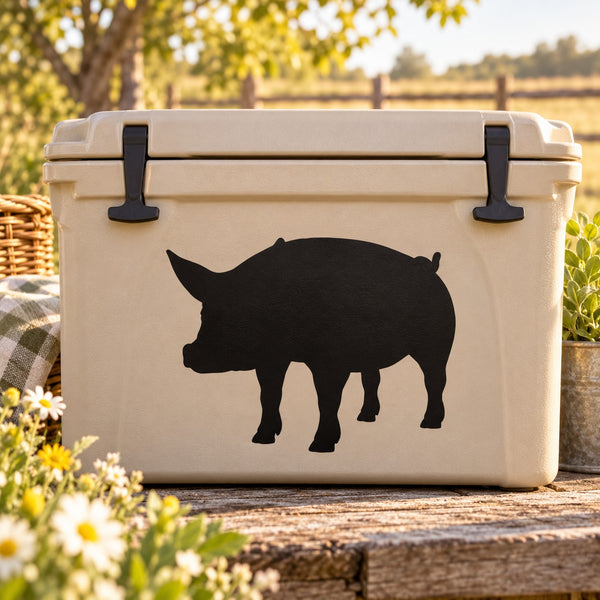 Black pig silhouette decal on light beige cooler