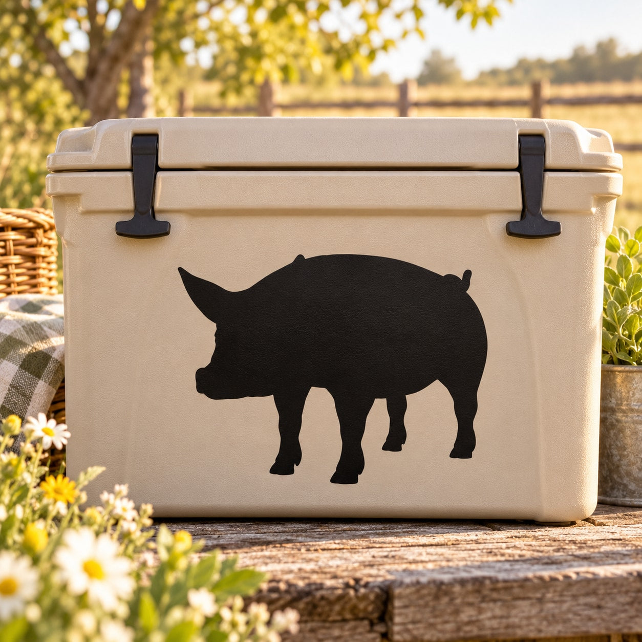 Black pig silhouette decal on light beige cooler